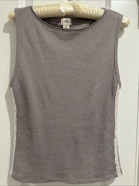 BDG Gray Ribbed Tank with Cream Lace Side Trim